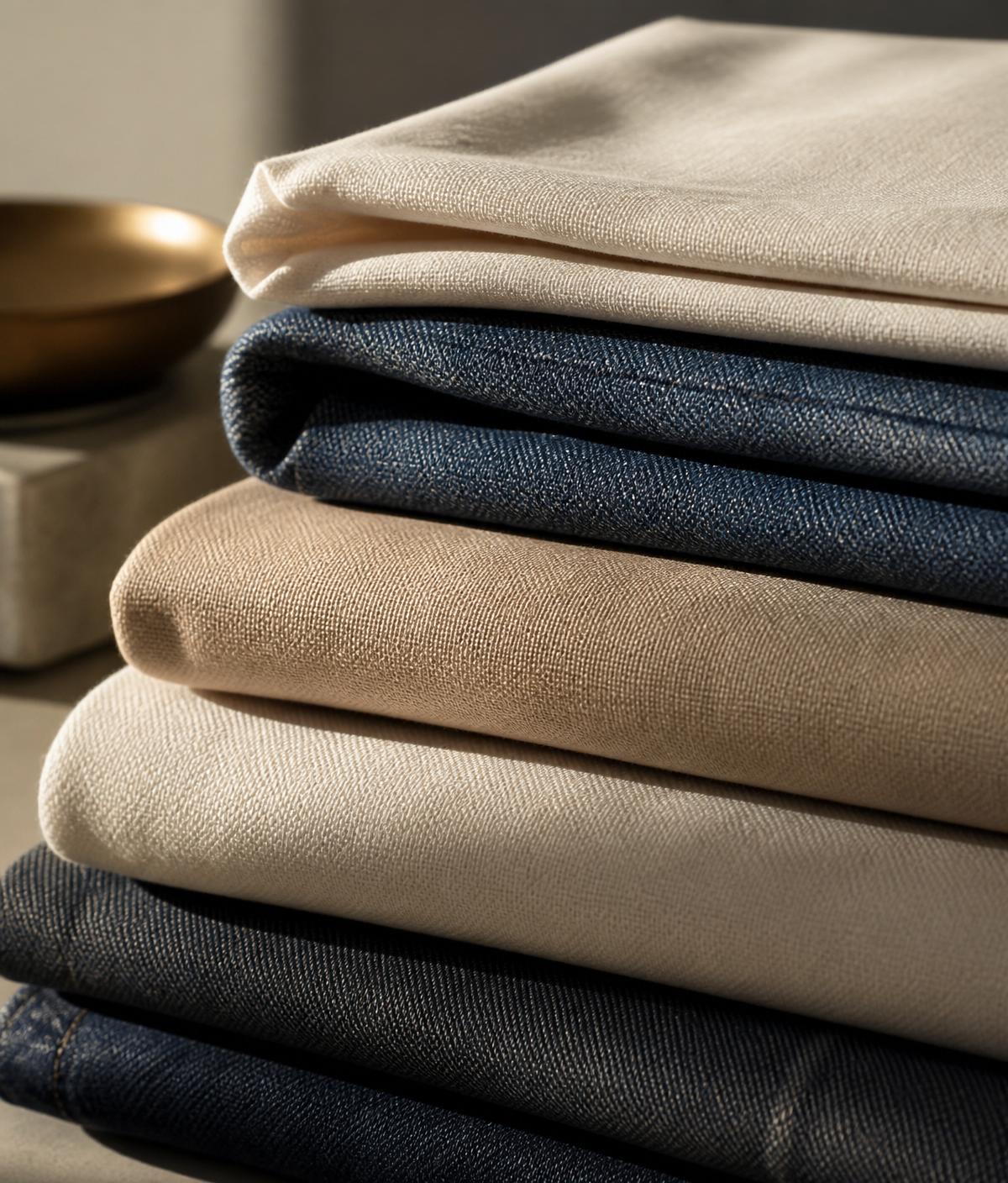 Detalle de telas premium dobladas: algodón, lino y denim