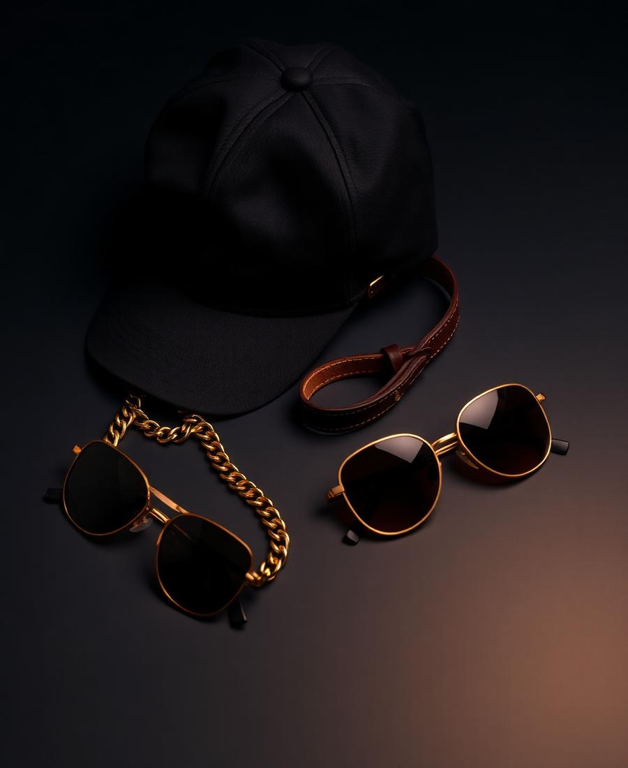 Gorra, cinturón de cuero, cadena dorada y lentes de sol