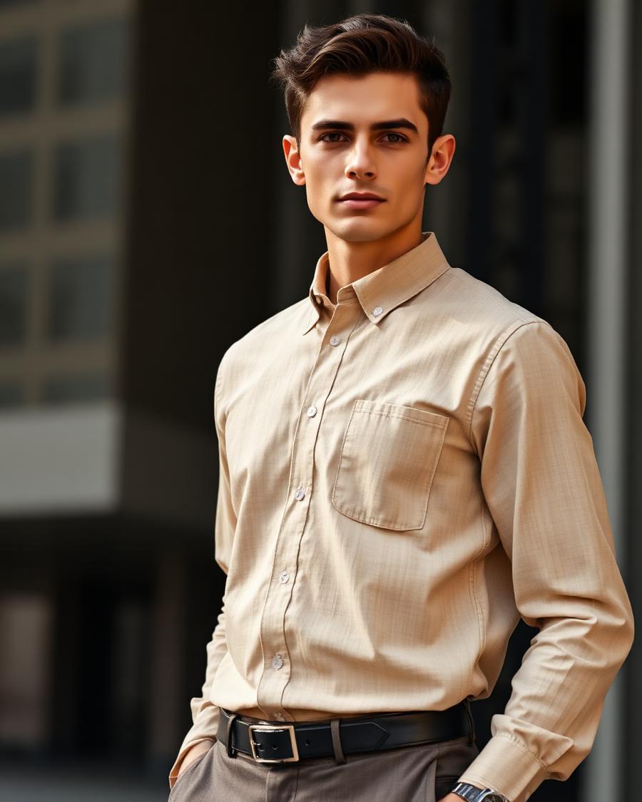 Hombre con camisa de lino beige en entorno urbano
